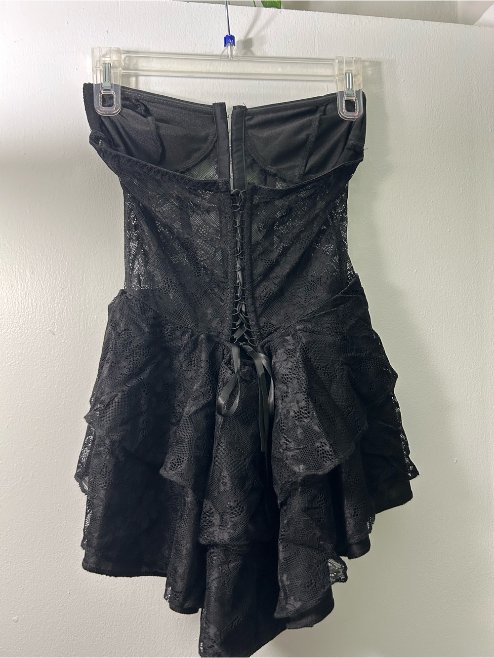 SHEIN Black Lace Strapless Ruffled Corset Romper